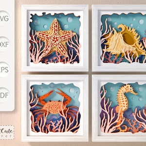Pacote de modelos de caixa de sombra SVG, caixa de sombra 3D SVG Sea Life, decoração de parede de casa de praia faça você mesmo, caranguejo-rei, estrela do mar, cavalo-marinho, concha do mar, oceano