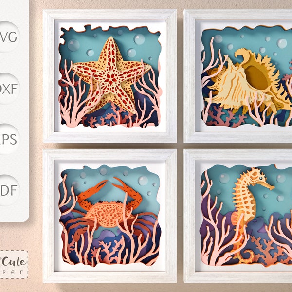 Shadow Box SVG Bundle Templates, 3D SVG Sea Life  Shadowbox, DIY Beach House Wall Decor, King Crab, Starfish, Seahorse, Sea shell, Ocean