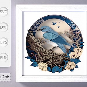 Modello di scatola ombra SVG per uccelli, fiori, uccelli e luna, scatola ombra SVG 3D, carta cartoncino a strati tagliata per Cricut