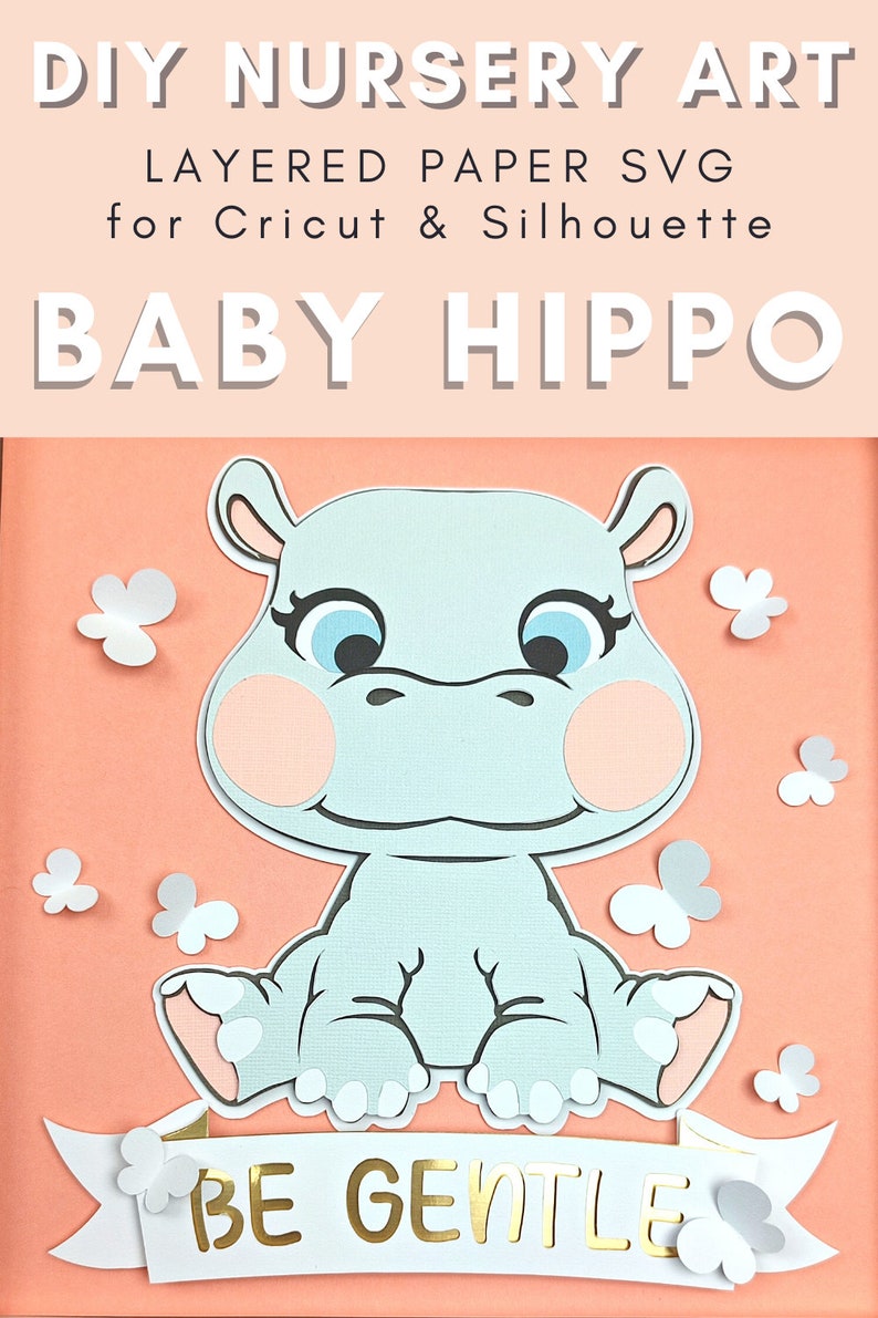 May include: A light pink background with a white banner that says 'Be Gentle' in gold letters. A light blue baby hippo with pink cheeks is sitting on the banner. The hippo has blue eyes and a white outline. There are white butterflies scattered around the hippo.