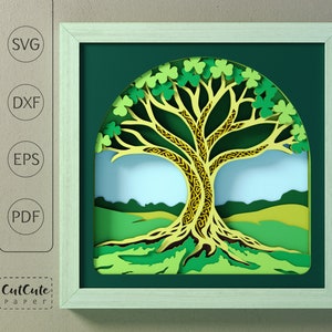 Modèle SVG arbre celtique Shadow Box, trèfle irlandais 3D SVG, décoration murale de la Saint-Patrick, projet de papier cartonné en couches pour Cricut