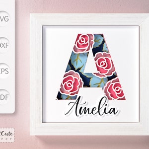 Plantilla SVG de caja de sombra con monograma floral letra A, decoración de pared con corte de papel en capas personalizable, archivos de corte de caja de sombra