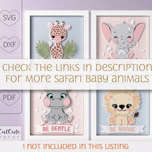 May include: Four printable nursery art prints featuring safari animals. Each print has a white frame and a pink background with white flowers. The prints feature a giraffe, an elephant, a hippopotamus, and a lion. The text on the prints reads 'Be Curious', 'Be Kind', 'Be Gentle', and 'Be Brave'.