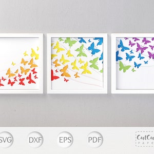 Caixa de sombra de borboletas arco-íris pacote SVG de 3 modelos, projeto de corte de papel para cricut, presente de bebê arco-íris faça você mesmo