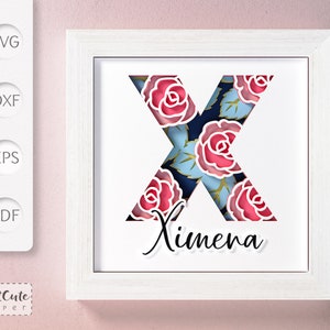 Plantilla SVG de caja de sombra con monograma floral letra X, decoración de pared recortada en papel en capas personalizable con SVG 3D, archivos de corte de caja de sombra
