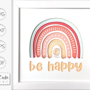 Plantilla SVG Be Happy Rainbow Shadow Box, Shadowbox de papel en capas SVG 3D, SVG para Cricut y Silhouette, decoración de pared diy, archivos de corte Boho