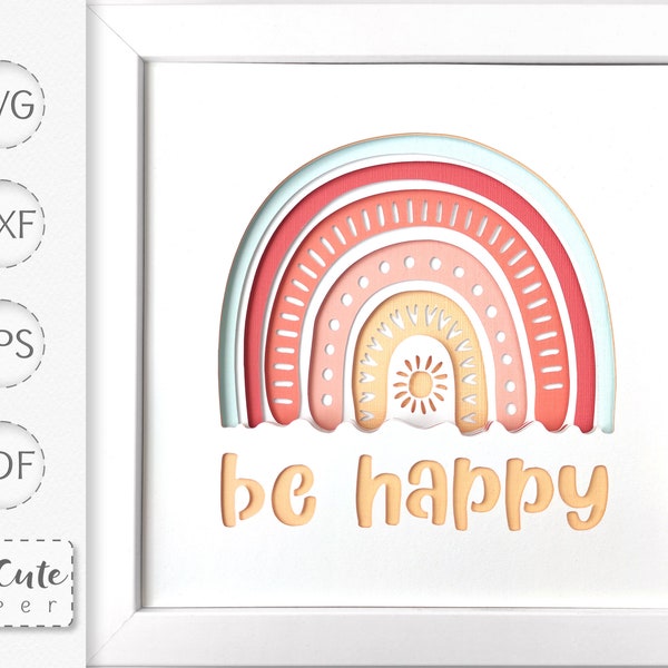 Be Happy Rainbow Shadow Box SVG Template, 3D SVG Layered Paper Shadowbox, SVG pour Cricut et Silhouette, décoration murale diy, Boho Cut Files