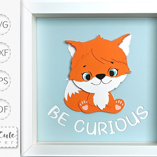 Baby Fuchs Schatten Box SVG Vorlage, Be Curious 3D SVG Papierschnitt Kinderzimmer Wandkunst Sadowbox für Cricut und Silhouette, DIY Baby Shower Geschenk