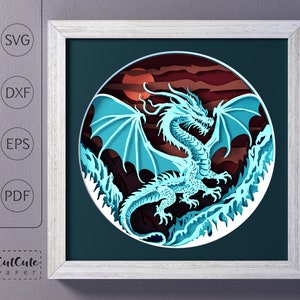 Modèle de boîte d'ombre de dragon SVG, boîte d'ombre de glace et de soleil 3D SVG, papier cartonné en couches découpé pour Cricut, Drago SVG