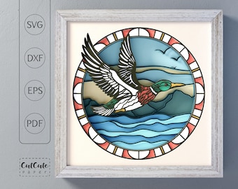 Flying Mallard Duck SVG | Layered Shadow Box Bird Design | Wildlife Paper Cut Cardstock Template