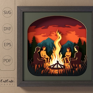 Plantilla SVG de caja de sombras para fogata, caja de sombras SVG 3D para senderismo en el bosque de montaña, decoración de pared de cabaña para hacer tú mismo, proyecto de cartulina en capas para Cricut
