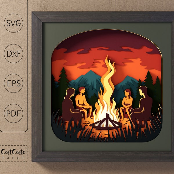 Camp Fire Shadow Box SVG Template, Mountain Forest Hiking 3D SVG Shadowbox, DIY Cabin Wall Decor, Layered Cardstock Project for Cricut