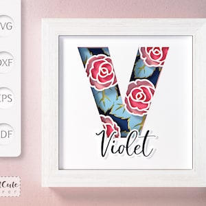 Plantilla SVG de caja de sombra con monograma floral letra V, decoración de pared con corte de papel en capas personalizable, archivos de corte de caja de sombra