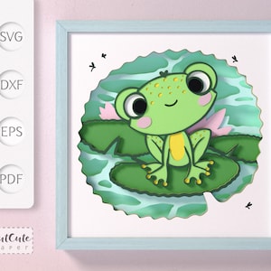 Joli modèle SVG de boîte d'ombre de grenouille, grenouille dans l'étang en couches de papier découpé pour chambre d'enfant, art mural Shadowbox pour Silhouette Cricut, cadeau de baby shower bricolage