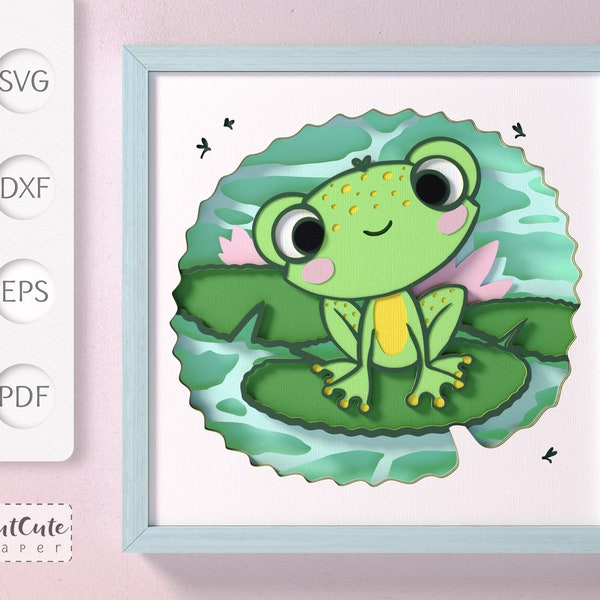 Cute Frog Shadow Box SVG Template, Frog in Pond Layered Paper Cut Nursery Wall Art Shadowbox for Cricut Silhouette, DIY Baby Shower Gift
