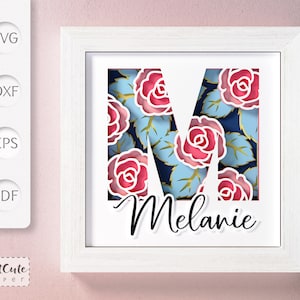Plantilla SVG de caja de sombra con monograma floral letra M, decoración de pared con corte de papel en capas personalizable, archivos de corte de caja de sombra