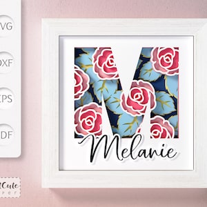 Shadow  Box SVG Template with Floral Monogram Letter M , 3D SVG diy Customizable Layered Paper Cut Wall Decor,  Sadowbox Cut Files