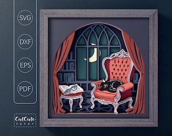Reader's Nook at Midnight SVG | Dark Academia Shadow Box | Black Cat Reading Chair | Gothic Library Paper Cut | Cricut Silhouette 9x9