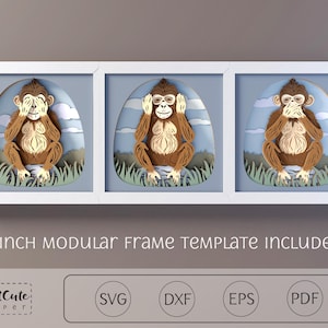 May include: A triptych of paper art featuring three brown monkeys in white frames, each depicting a different pose: covering eyes, ears, and mouth. The background includes a blue sky, clouds, and green grass. The text "9 inch modular frame template included" is visible.