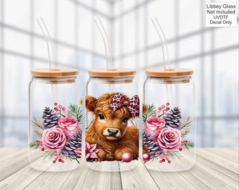 UVDTF 16oz Libbey Glass Wrap - Pink Highland Cow - Decal Sticker