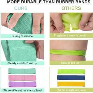 Puede incluir: Comparaci&oacute;n de dos tipos de bandas de resistencia para ejercicio. La fila superior muestra una banda de tela verde que es fuerte y resistente, mientras que la fila inferior muestra una banda de goma verde que es fr&aacute;gil y f&aacute;cil de romper. La fila del medio muestra que la banda de tela es estable y no se enrolla, mientras que la banda de goma se enrolla f&aacute;cilmente. La fila inferior muestra tres bandas de tela de diferentes colores, que representan tres niveles de resistencia diferentes, mientras que las bandas de goma son todas del mismo color y nivel de resistencia.