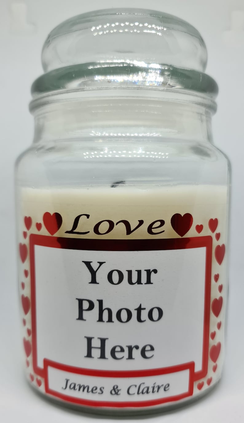 Personalised Yankee Candle Style Label Photo Love Valentines Day Wedding Birthday *CANDLE NOT INCLUDED*