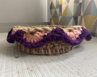 Handmade Granny Style Crochet basket. Jute / Wool.