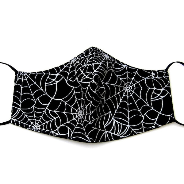 Black Metallic Spider Web Cotton Face Mask With Filter Pocket, Adjustable Ear loops, Nose Wire, Back to School, Halloween masks, Spider mask