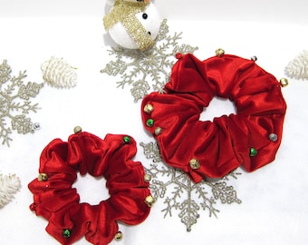 Christmas Scrunchies, Red Velvet Scrunchies, Jingle Bells Scrunchie, Holiday Scrunchie, Holiday Hair Ties, Christmas Hair Accessories