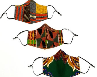 African Print Face Masks with Filter Pocket, Kente Print Face Mask ,Kente Cloth, 100% Cotton, Adjustable , Back to school