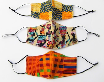 African Print Face Masks with Filter Pocket, Kente Print Face Mask, African Lady, 100% Cotton, Adjustable , Back to school