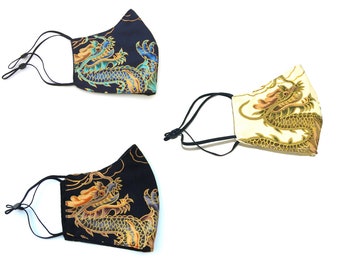 Dragon Face Masks, with filter pocket, adjustable ear loops, and 3 cotton layers, Gold, Blue, Black dragon masks