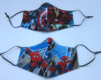 Unisex Spider Man Marvel Cotton Face Mask, Washable, Filter Pocket, Adjustable Elastic Ear loops , Ready to Ship, Nose Bridge,Back to School