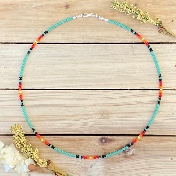 Western Sunrise Beaded Choker, Beach Choker, Colorful Choker, Boho Choker, Seed Bead Necklace, Dainty Choker, Sterling Silver