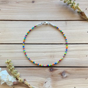 Multicolored Dainty Beaded Anklet, Colorful Anklet, Seed Bead Anklet, Ankle Bracelet, Beach Anklet, Beaded Anklet, Sterling Silver