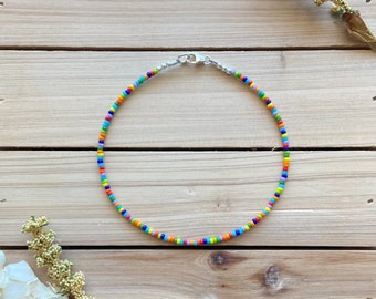 Multicolored Dainty Beaded Anklet, Colorful Anklet, Seed Bead Anklet, Ankle Bracelet, Beach Anklet, Beaded Anklet, Sterling Silver