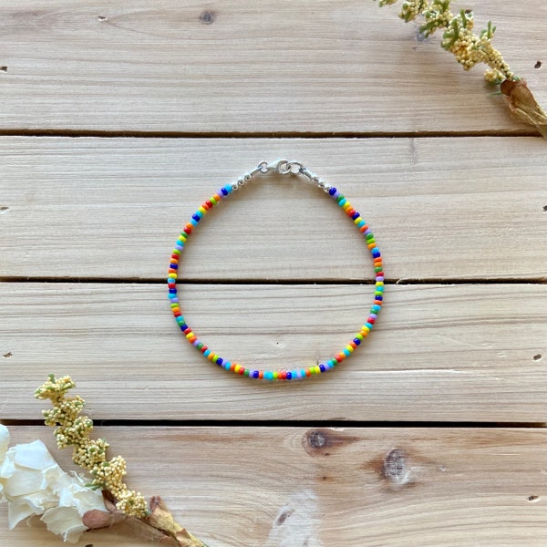 Multicolored Dainty Beaded Bracelet, Seed Bead Bracelet, Beach Bracelet, Trendy Bracelet, Boho Bracelet, Sterling Silver