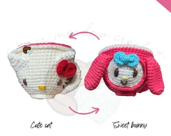 Reversible crochet PATTERN - Cute Cat and Sweet Bunny Reversible Teacup Teatime Friends