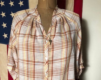 Little Blouse on the Prairie Brown Plaid 70s Blouse Medium