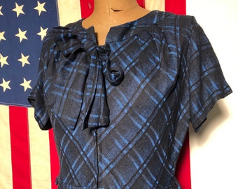 Court Date? I got you. 50s Blue Plaid Acrylic Wool Day Dress L