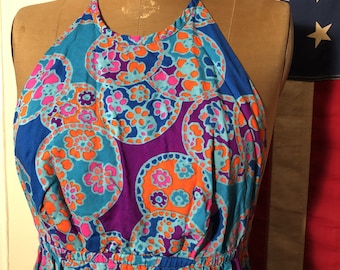 Halter I don't even Know Her Backless Hawaiian Maxi Dress MuuMuu psychedelic Small