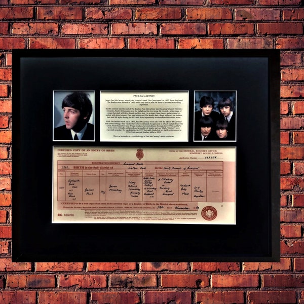 Paul McCartney - The Beatles - Rare Certified UK Birth Certificate (UK Government Issued) Museum Grade Reproduction - Mounted And Framed