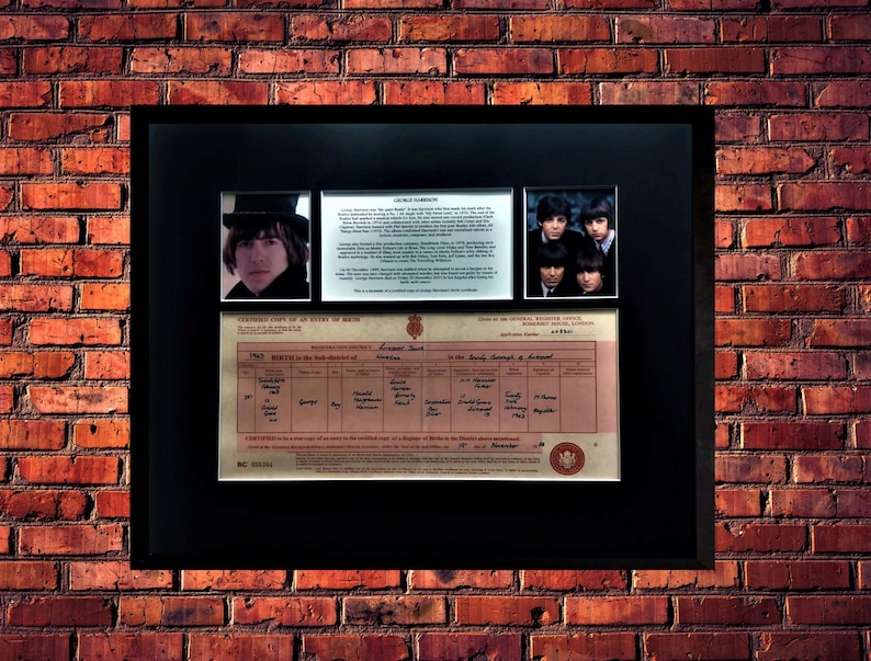 George Harrison The Beatles Rare Certified UK Birth Certificate UK Government Issued Museum Grade Reproduction Mounted And Framed image 1