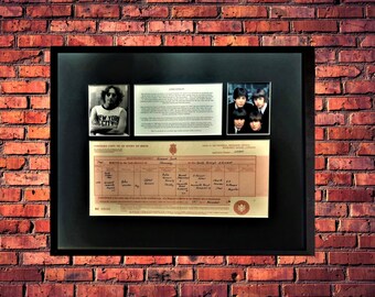 John Lennon - The Beatles - Rare Certified UK Birth Certificate (UK Government Issued) Museum Grade Reproduction - Mounted And Framed