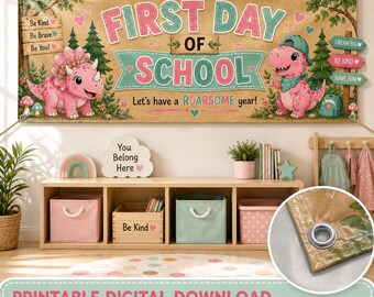 Roze en mintgroene dinosaurus - Welkom terug op school banner | Digitale banner