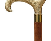 Hand Carved Embossed Derby Wooden Walking Stick Cane With Golden Handle, Brown - Free Shipping