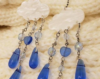 Long blue rain cloud earrings