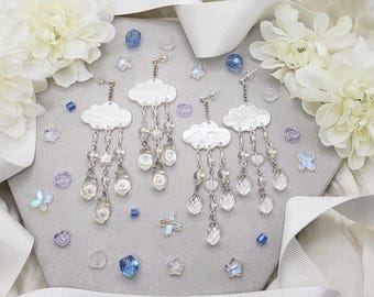 Long hand made clear rain cloud chain drop earrings