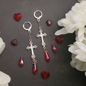Red Gothic cross drop earrings