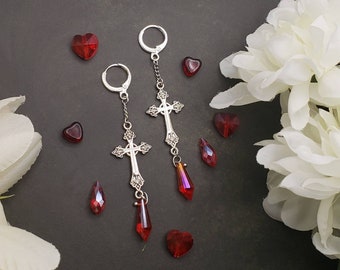 Red Gothic cross drop earrings